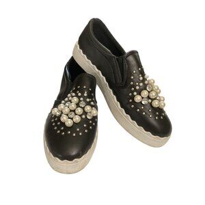 Bamboo women's size 7.5 Black Slip-On Pearl Stud Embellishments Sneakers shoes